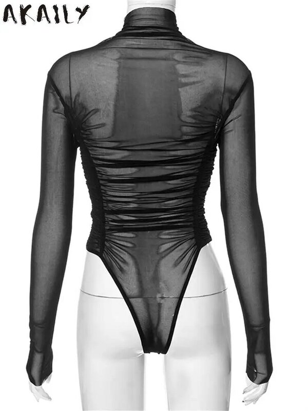 Akaily 여성용 섹시한 블랙 메쉬 바디콘 바디수트, 파티 클럽 의상, 2023 가을 패션, 그레이 플리티드 시스루 바디수트