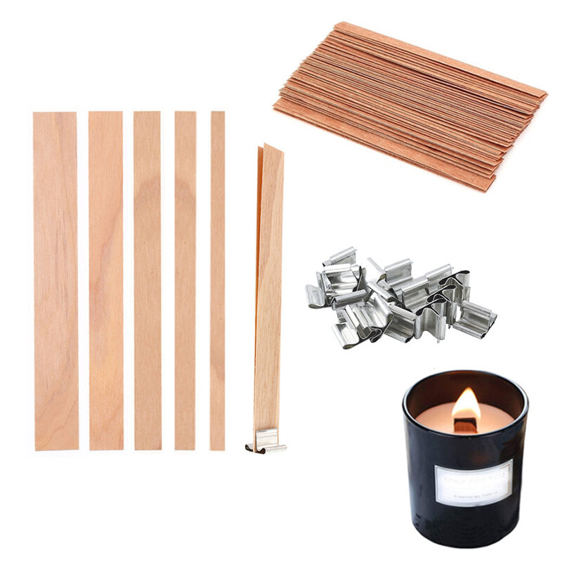 30/50 buah Set sumbu lilin kayu dengan dasar klip sumbu lilin tanpa asap untuk DIY stoples lilin parafin Membuat perlengkapan membuat lilin
