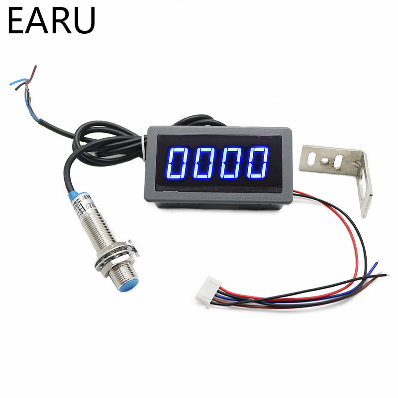 1Set 12V 24V Measuring Gauge 4 Digital Blue/Green/Red LED Tachometer RPM Speed Meter 10-9999RPM Hall Proximity Switch Sensor NPN