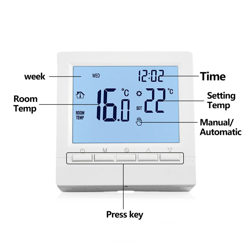 デジタル温度コントローラー,統合センサー付きLCD温度コントローラー,床暖房用,1個