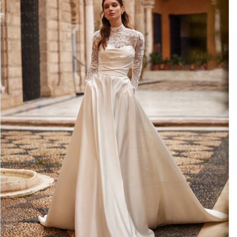 Женское свадебное платье с высоким воротником, элегантное ТРАПЕЦИЕВИДНОЕ ПЛАТЬЕ С кружевной аппликацией и карманом, свадебное платье на пуговицах, 2024