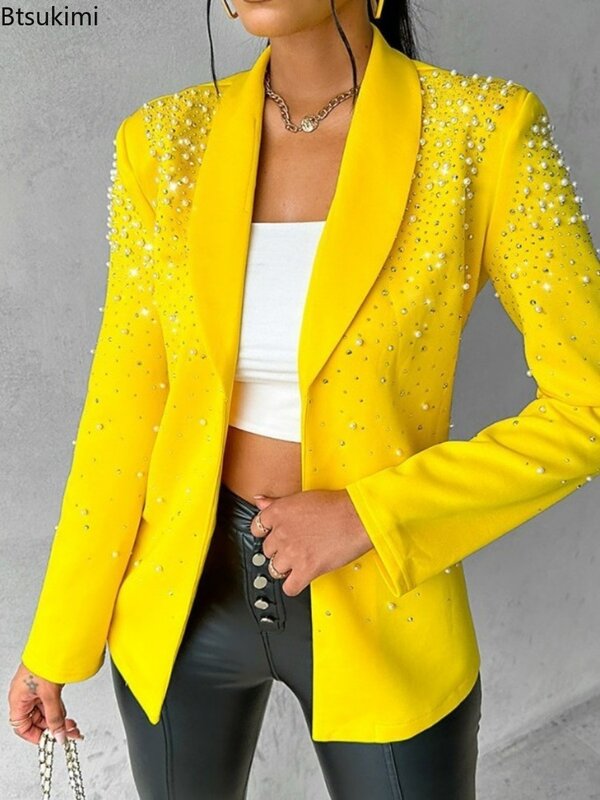 2024Women's Blazer Autumn Fashion Beaded Elegant Temperament Shawl Collar Plain Long Sleeve Work Blazer Coat Office Lady Blazers