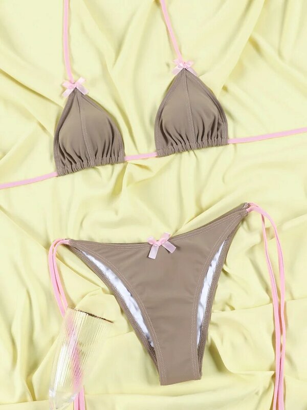 Mini Bowknot Bikinis Set für Frauen Patchwork Badeanzug Sommer Strand tragen braune Tanga Bade bekleidung Badeanzug 2024