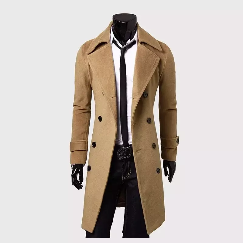 Mantel wol berkancing dua baris untuk pria, mantel wol pas badan, jaket panjang, mantel wol kasual polos musim gugur dan musim dingin 2023