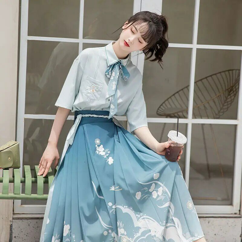 한푸 오리지널 중국 명나라 여성 전통 드레스, 자수 스커트, 데일리 말 얼굴 포니 스커트