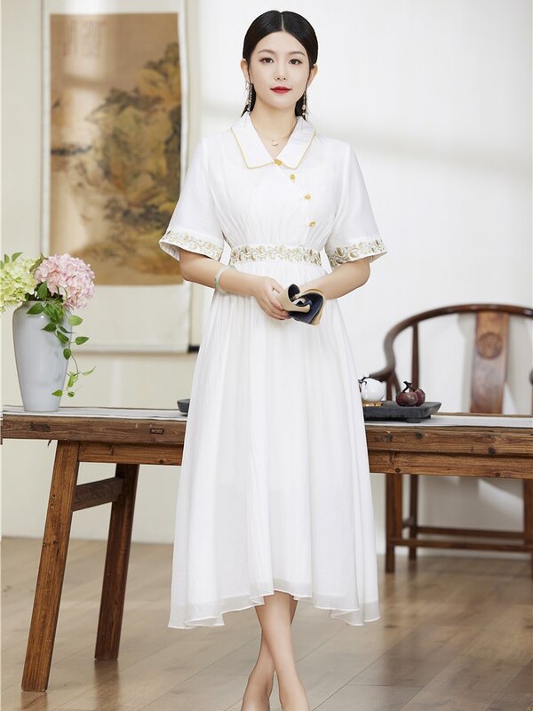 High-end Spring Summer Women Rayon Dress Retro Elegant Embroidery Short Sleeve A-line Lady Party Hanfu Dress S-XXL