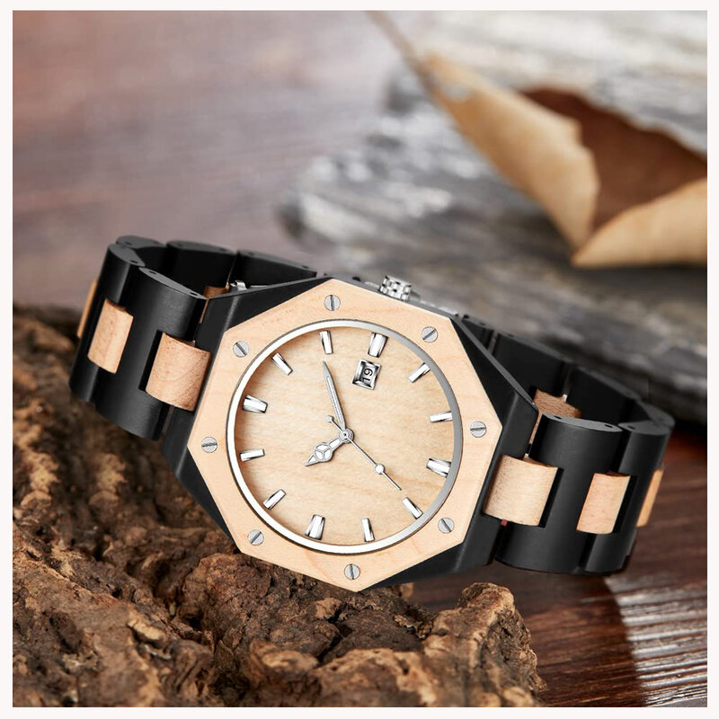 Fandao polygonale Schwarz-Weiß-Paar Holzuhr, Quarz Business-Uhr, Falt schnalle Holzuhr Armband-schwarz und weiß
