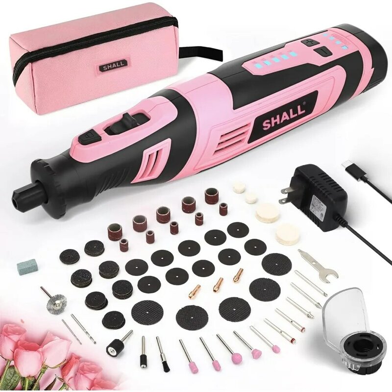 8V Cordless Rotary Tool Kit, Pink Lightweight 2.5 Ah Battery Rechargeable Rotary Tool w/ 121 Accessories