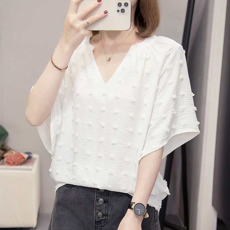 Fashion V-Neck Folds Solid Color Casual Flare Sleeve Blouses Women Clothing 2024 Summer New Loose All-match Tops Commuter Shirts