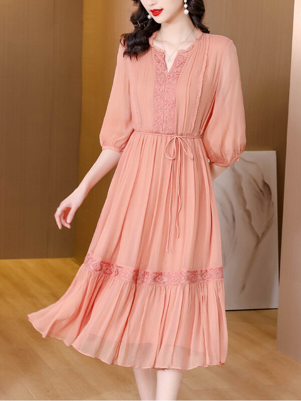 2023 Boho pinta Silk Light Elegant Dress Summer Fashion ricamo scollo a v abiti Midi donna Hight Quality Bodycon Party Vestidos