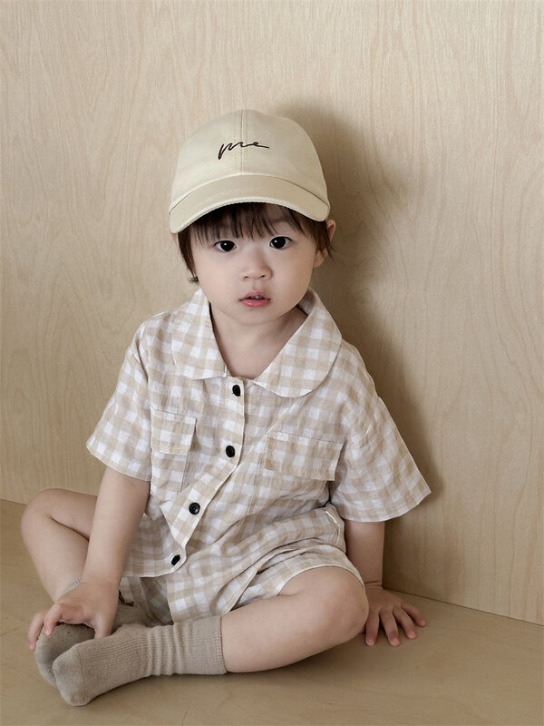 2024 Summer New Baby Short Sleeve Plaid Set Boy Girl Lapel Shirts + Shorts 2pcs Suit Infant Toddler Casual Versatile Outfits