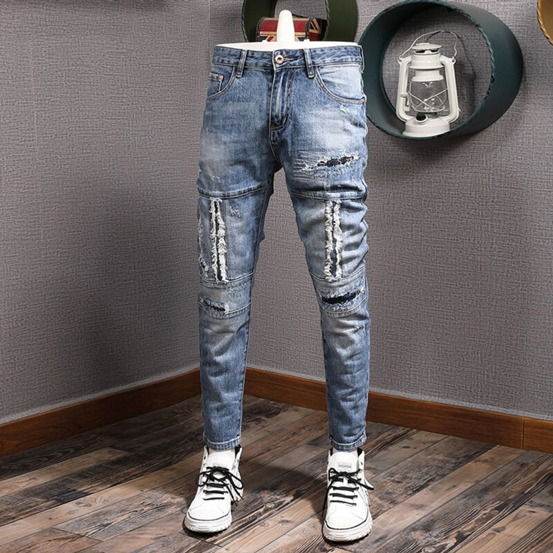 Streetwear modne dżinsy męskie światło Retro niebieskie elastyczne szczupłe porwane jeansy męskie malowane projektant Hip Hop Stretch spodnie dżinsowe Hombre