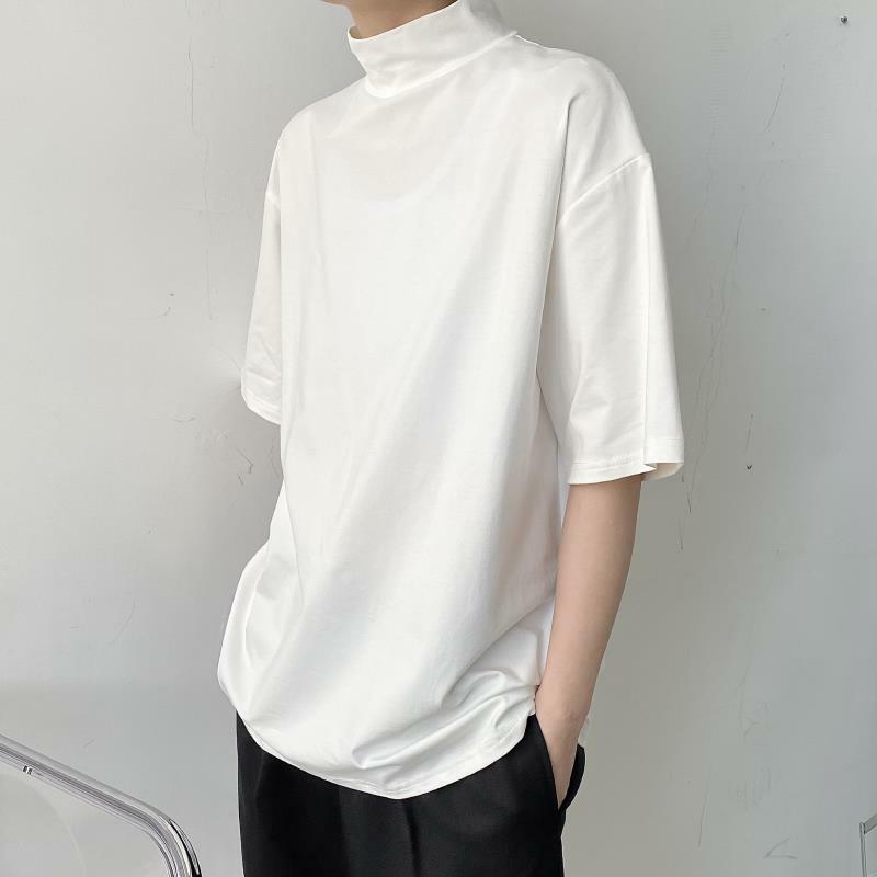 Turtleneck Lembut Padat Lengan Pendek Pria Longgar Kaus Mode Korea Harajuku Kasual Semua Pertandingan Pakaian Baru Jalan Musim Panas