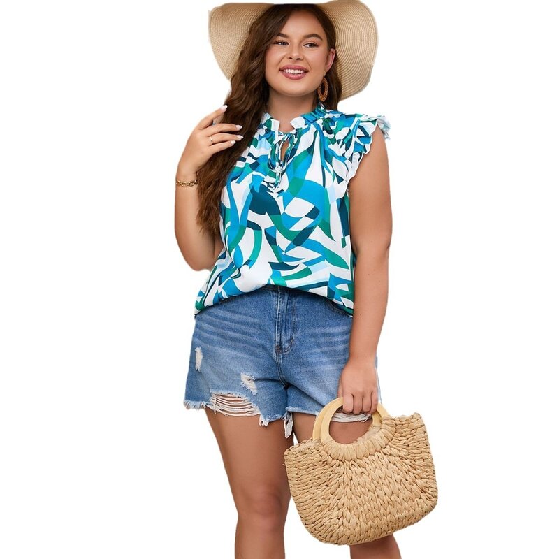 Plusee Plus Size camicetta da donna stampata con volant camicia a maniche corte vacanza top da donna moda t-Shirt Pullover Casual di grandi dimensioni