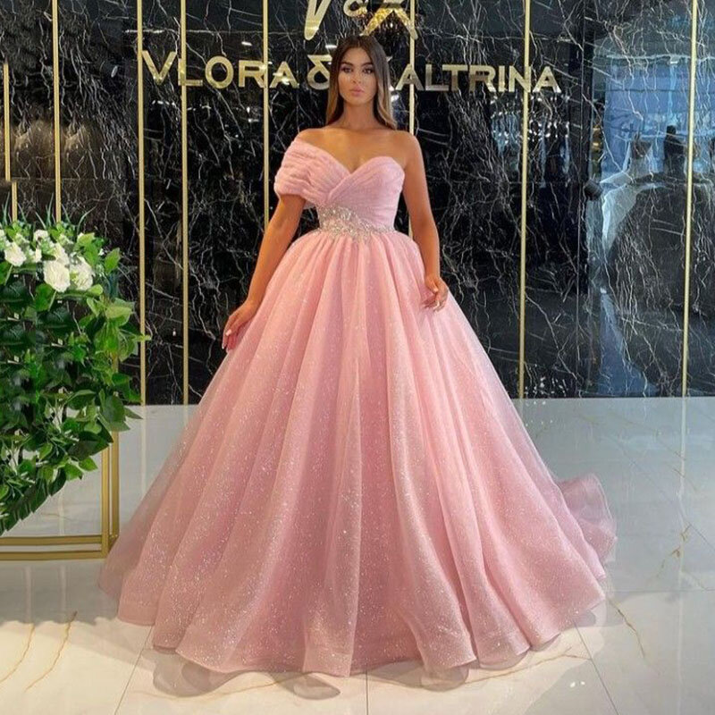 Roze Glitter Tule Zeemeermin Avondjurken Met Één Schouder Kanten Kralen Ruches Dubai Vrouwen Prinses Formele Prom Feestjurken 2024