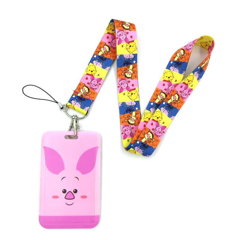 Winnie Bear Pink Pig Lanyard Credit Card ID Holder Bag Student Women Travel Card Cover Badge Car Keychain Decorations