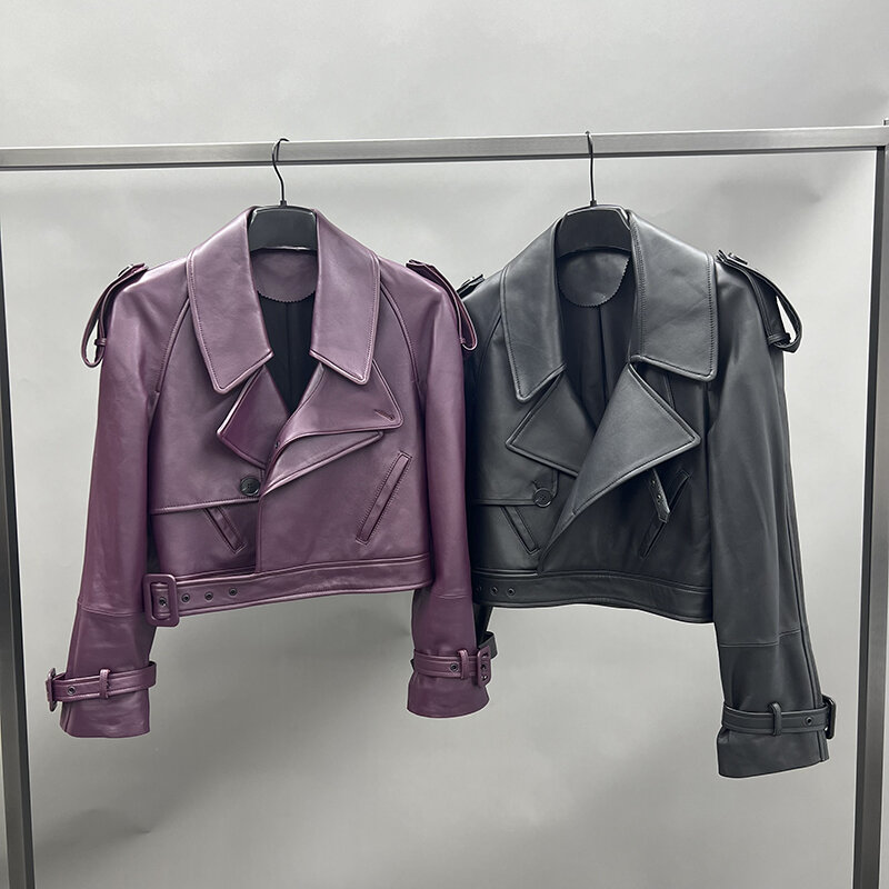 Jaqueta de couro genuíno para mulheres, casaco curto de couro real, jaquetas cortadas Moto, moda senhora, 2024