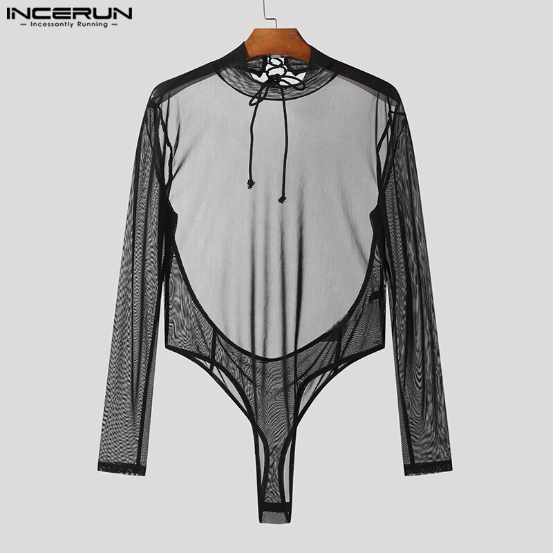 Incerun-bodysuits sexy de ver através dos homens, malha, macacão de costas abertas, alça elegante, manga comprida, macacões triangulares, homewear, S-3XL, 2023