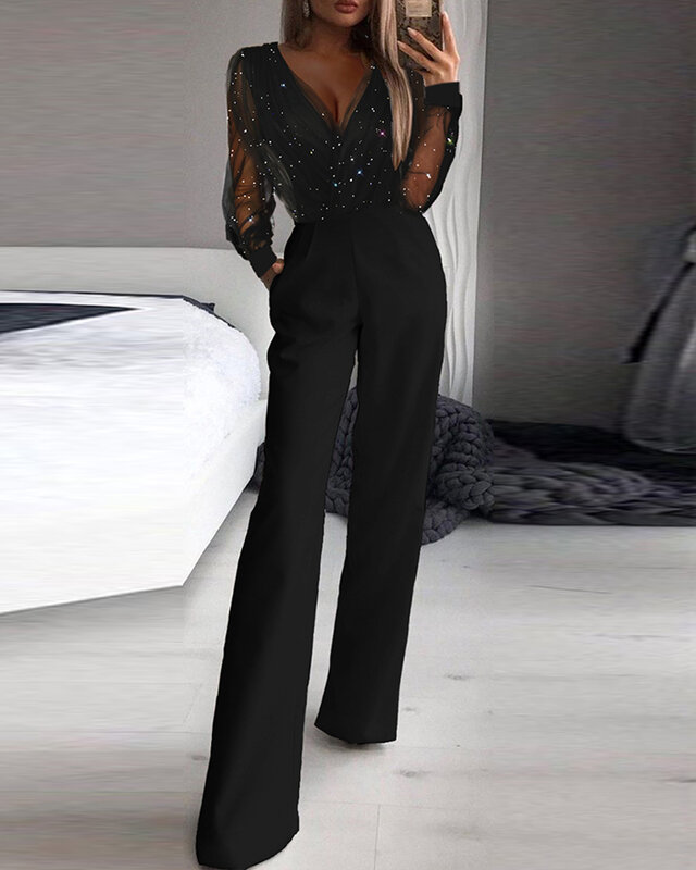 Женский комбинезон с блестками, прозрачный сетчатый комбинезон с длинным рукавом, V-образным вырезом и прямыми штанинами, праздничная одежда Traf, весна-осень 2023