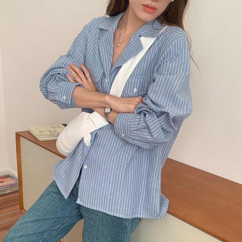 QOERLIN Women Blue Striped Shirts Office Ladies Work Wear Long Sleeve Single-Breasted Button Up Loose Casual Tops Blouse Female