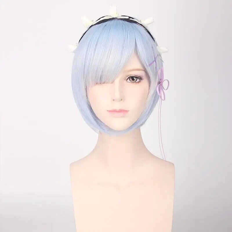 日本のアニメのコスプレウィッグ,短い,ピンクのシミュレートされた髪,青い縞模様のヘアアクセサリー,ハロウィーンのカーニバルの衣装のアクセサリー