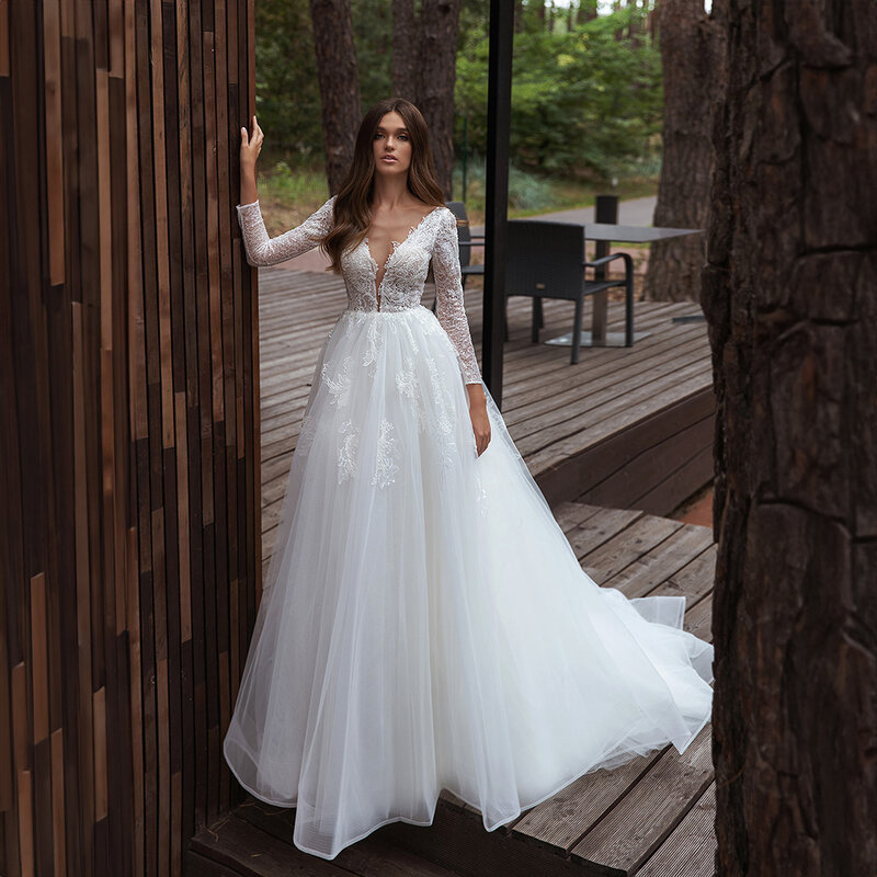 Elegante vestido de novia de manga larga de tul con cuello en V para mujer, corte en A, apliques de encaje, vestido de novia de boda