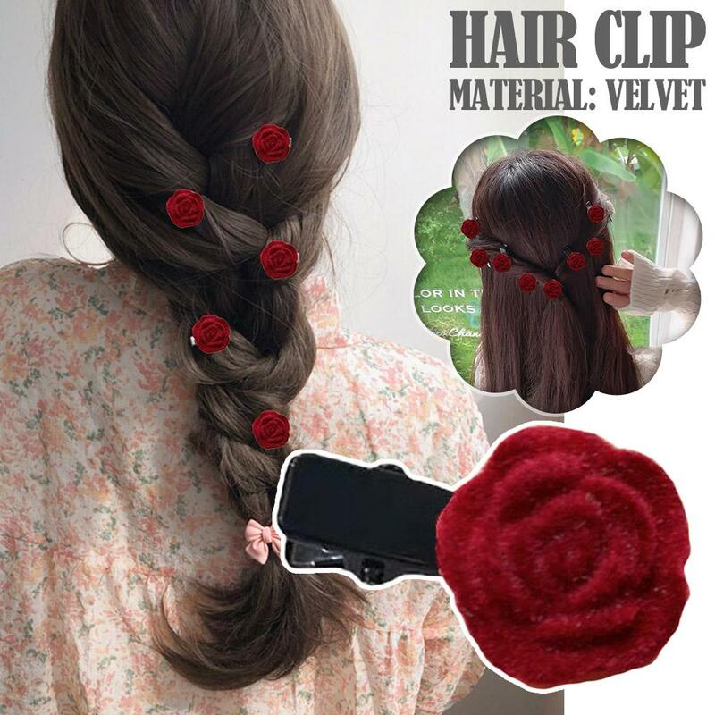 Korean Red Velvet Rose Hair Clips For Women Small Flower Hairpins Girls Elegant Hair Clip Pin Barrettes Wedding Hair Access B0Q7