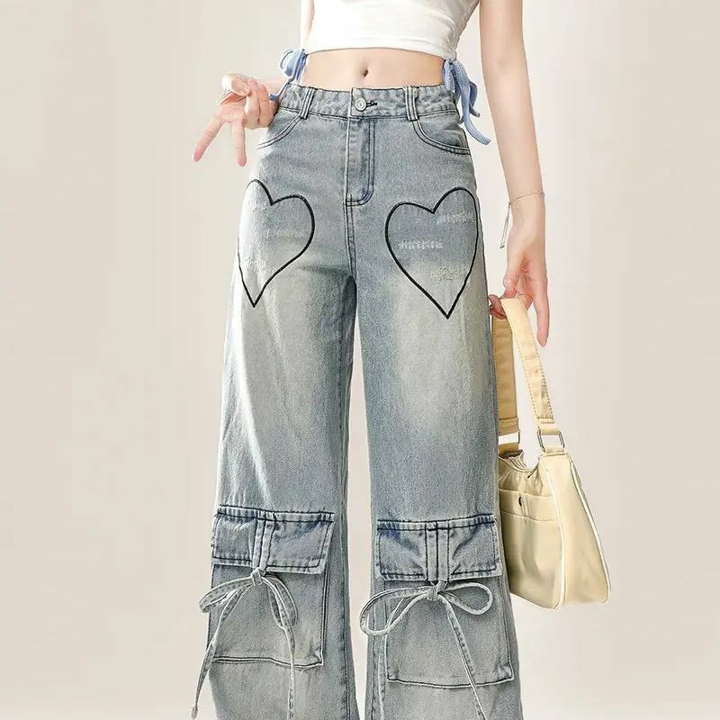 Macacão jeans com vários bolsos femininos, calças de perna reta, jeans harajuku, tamanho grande, cintura alta, moda azul, 2024
