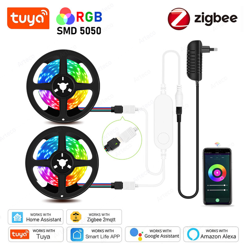 Smart Tuya Zigbee LED Strip Lights, Fita de Lâmpada Flexível, RGB, Decoração do Quarto, Iluminação para Alexa, Assistente Doméstico, 10m, 20m