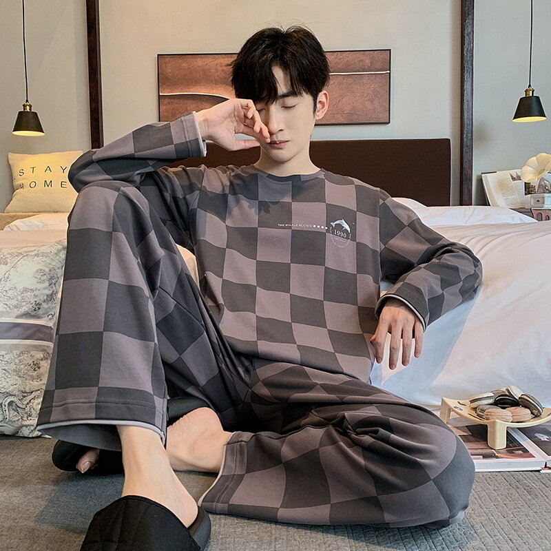男性の韓国のルーズコットンパジャマ、長袖、カジュアルなホームウェア、あなたの家のために、秋と春