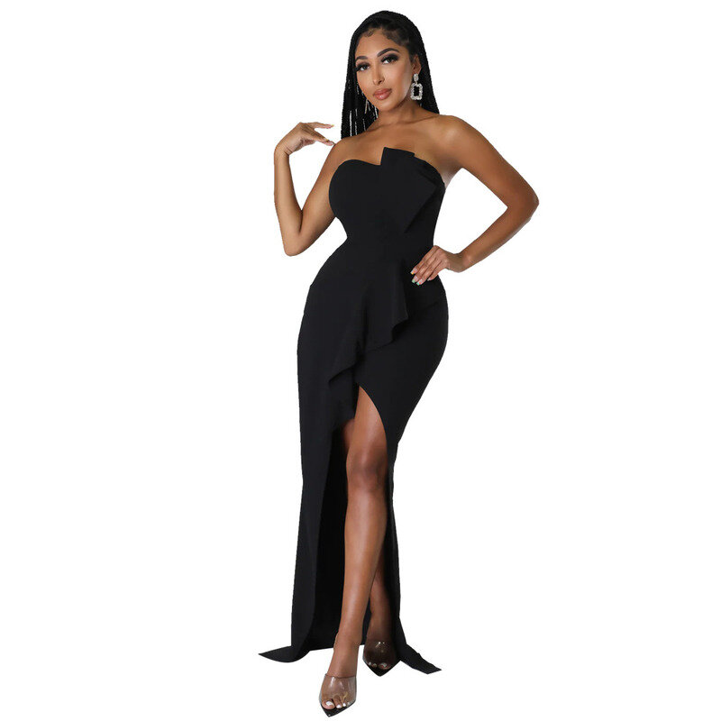 New European and American Style High Waist Sexy Slim Height Split Wrapped Chest Party Evening Dress Fashionable and Elegant