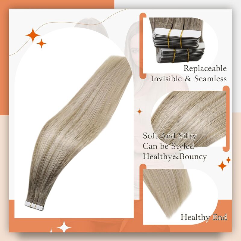 Полностью Блестящая лента для наращивания человеческих волос, балаяж, блонд, цвет омбер, 100% человеческие волосы, кожа, уток, клей на бесшовной машине, remy
