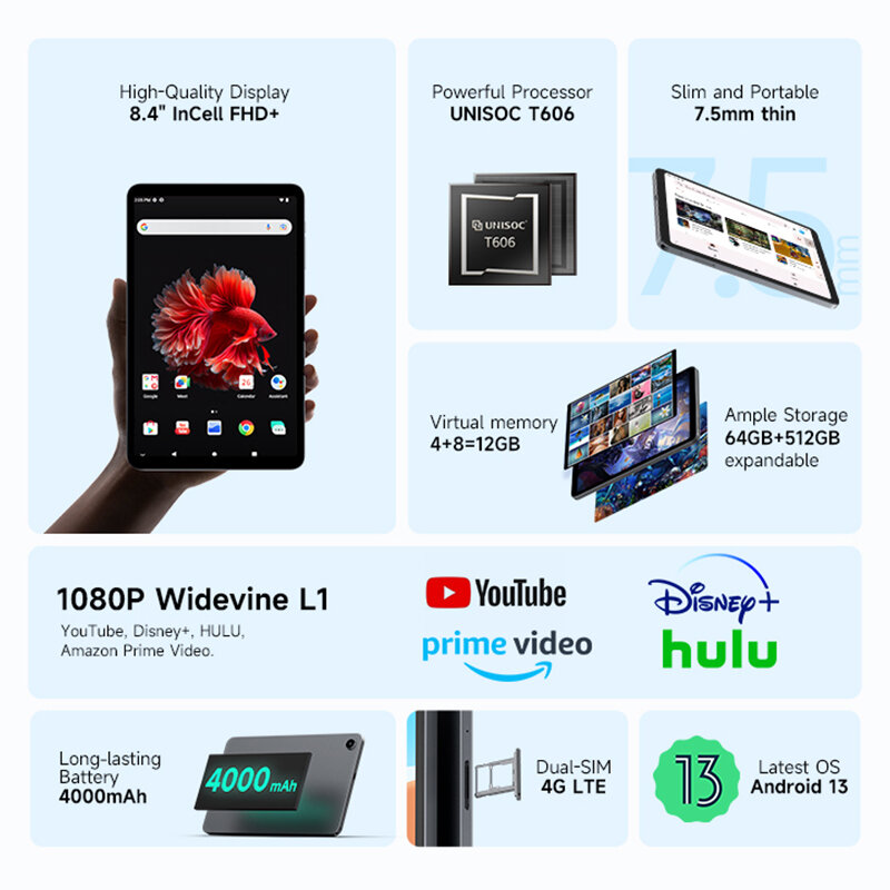 Alldocube iPlay50 미니 태블릿 가상 메모리, 8.4 인치, 8GB + 4GB RAM, 64GB ROM, 듀얼 4G, 안드로이드 13, Widevine L1, Tiger T606