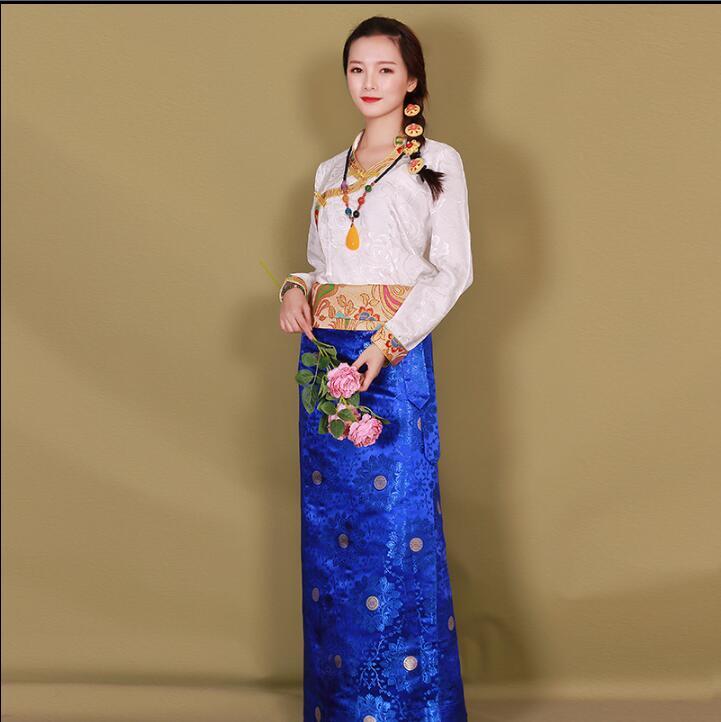 Vestido tibetano étnico feminino butão akirt, vermelho/azul saia tibetana longa