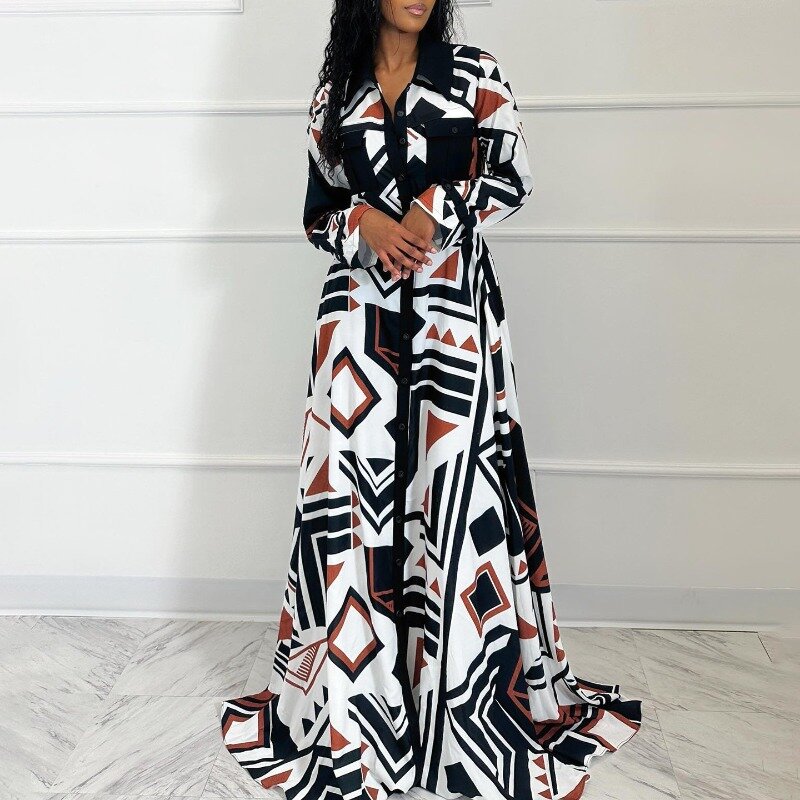 White Blue Yellow Polyester African Dresses for Women Autumn African Long Sleeve V-neck Printing Long Dress African Clothes