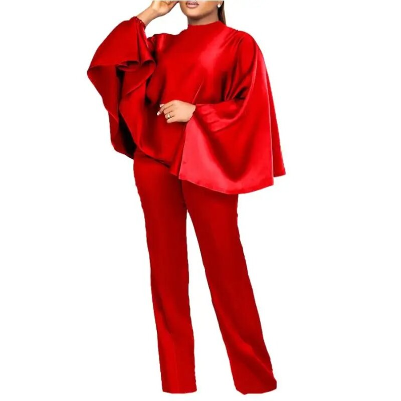 Women Casual Two-piece Set Stylish Women's Satin Two-piece Set O-neck Batwing Sleeve Top High Waist Pants African for Winter