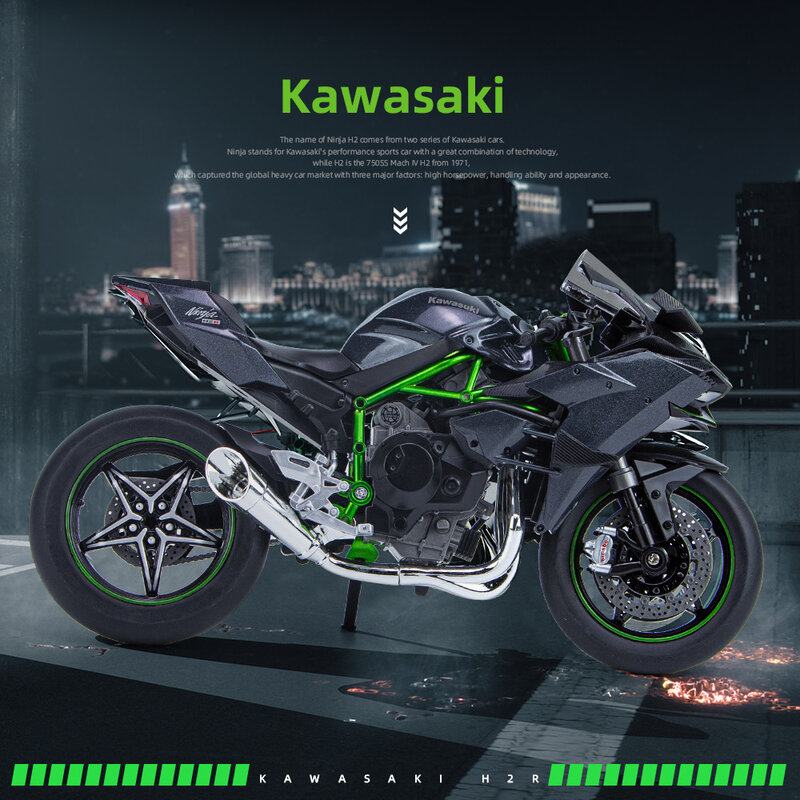 Die Cast Toy Modelo Motocicleta, 1:9, Kawasaki H2R, Ninja V4S, S1000RR, liga, carregando luzes, veículo Off-Road, brinquedos Autocycle