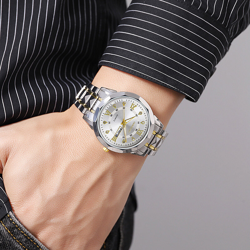 Мужские часы с ночным свечением водонепроницаемые деловые повседневные кварцевые с заклепками стальной ремешок мужские часы