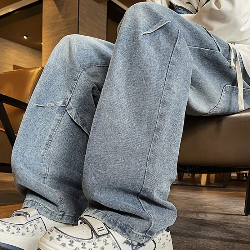 Jeans masculinos retos vintage com acabamento lavado, com ajuste solto clássico, calça casual, roupas de streetwear, verão, 2024