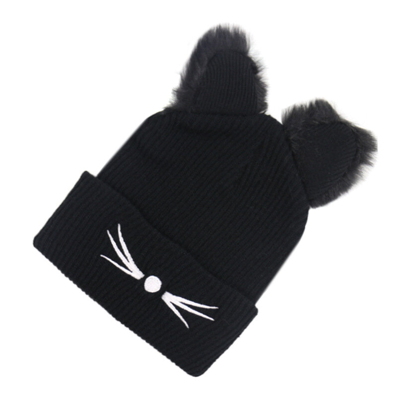 Модные теплые зимние шапки с милым котом, Шапка-бини, зимние вязаные шапки, лыжная шапка без козырька с милым двойным мячом