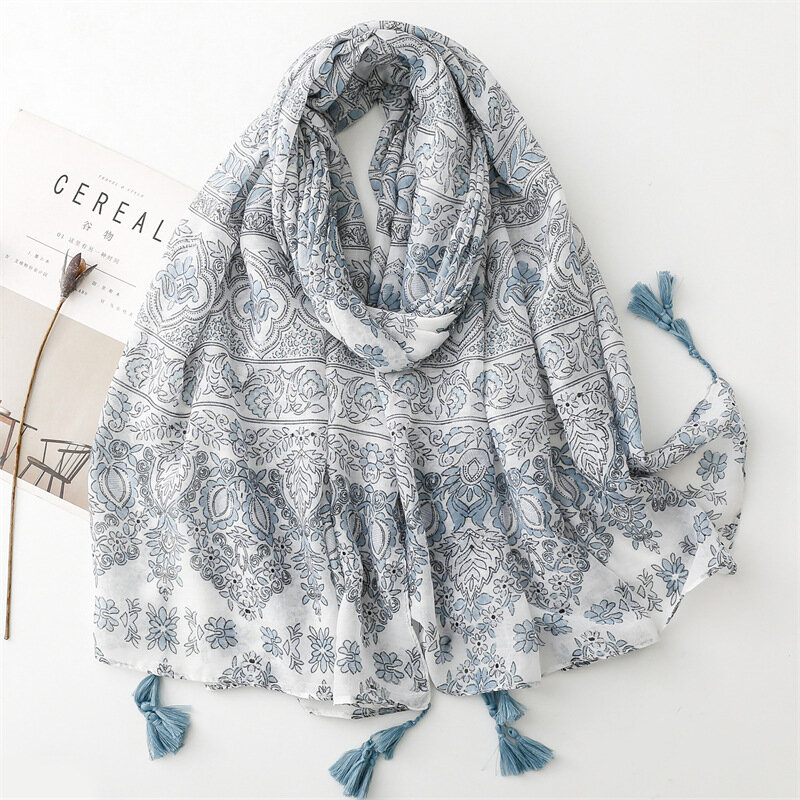 Cotton and Linen Feel Scarf Retro Ethnic Style Blue Gray Small Flower Tassel Scarf Shawl for Women