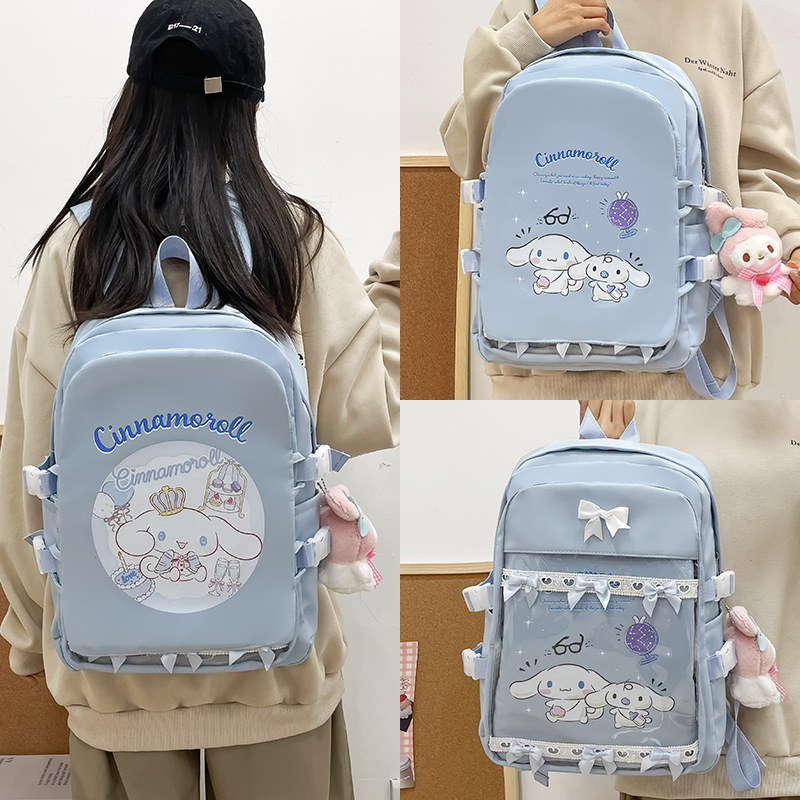 Sanrio กระเป๋านักเรียน clow M สำหรับนักเรียน, กระเป๋าเป้สะพายหลัง Hello Kitty แขวนหยกกันน้ำความจุสูงการ์ตูนน่ารักสุนัข