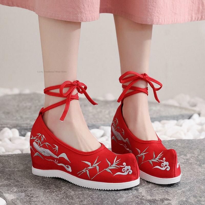 Chinese Traditional Embroidered Shoes For Women Ethnic Style Shoes Women's Pure White Hanfu Shoes Heighten Lace Up Shoes