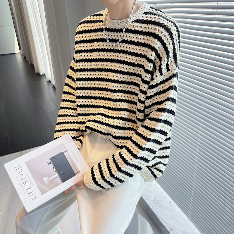Autumn Winter Hollow Out Striped Long Sleeve Men O Neck Knitted Sweater Vintage Fashion Casual High Street Oversized Tops White