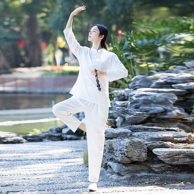 Kobiety strój do jogi zestawy bawełniana pościel odzież do medytacji Kung Fu mundury Tai Chi Wing Chun do koszuli garnituru spodnie 2 szt. Zestaw dres
