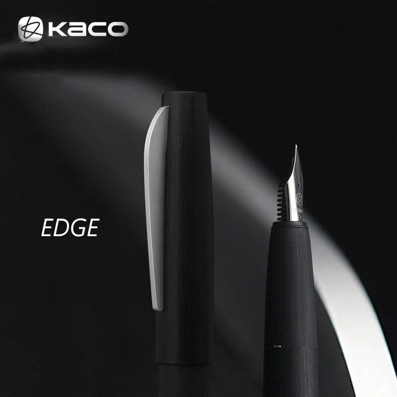 Baru Meluncurkan Kaco Edge Hitam Sikat Logam Fountain Pen dengan 2 Konverter Tinta Pena Schmidt EF/F/M NIB dengan Kotak Hadiah untuk Kantor