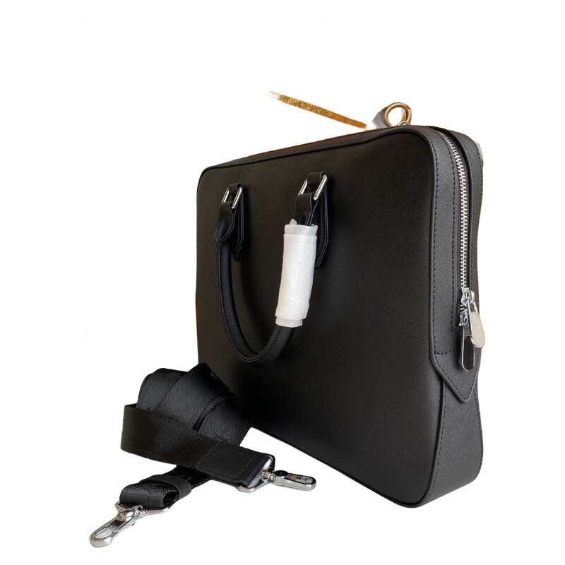 Leather Men's Fashion Personality Portable Briefcase Business Pendulum Large Capacity Black Zipper Closure Computer Shoulder Bag