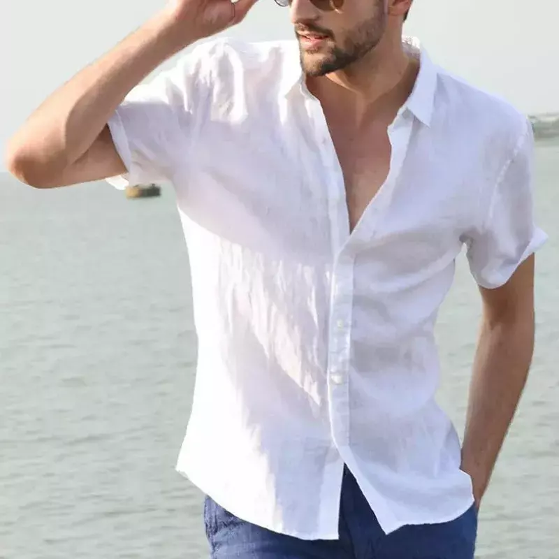 Men's Blouse Cotton Linen Shirts Casual Solid Summer Beach Formal Blouse Tees Spring Autumn Summer Handsome Men Tops