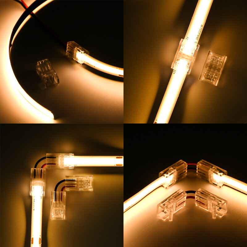 L-forma LED canto conectores para SMD COB Strip, grampos fixos, luzes de fita, 8mm, 10mm, 2Pin, 5050, 2835