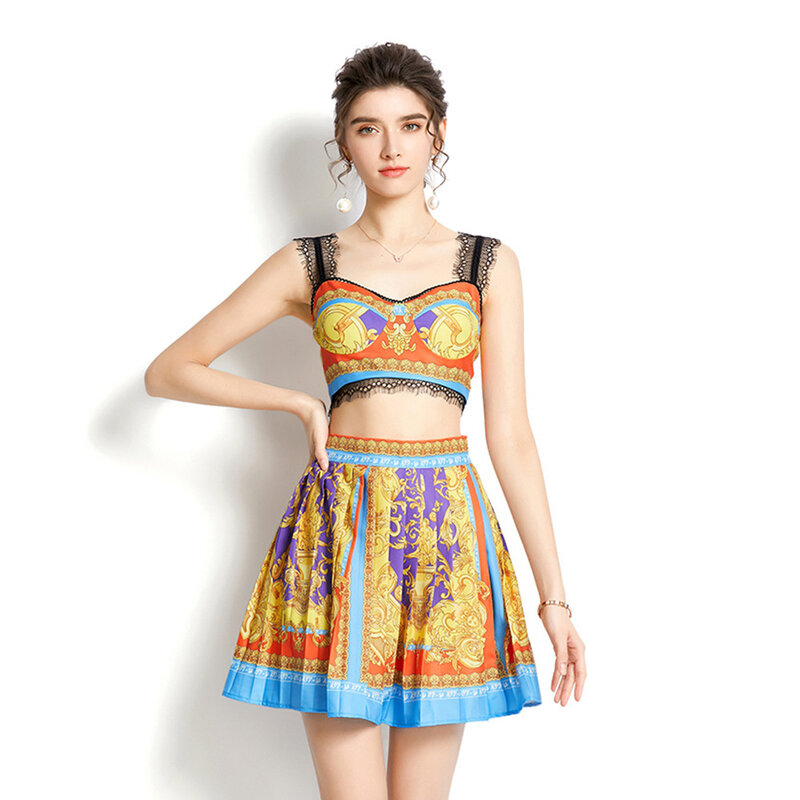 Women’s Print Pleated Skirt with Lace Trimmed Top Set Resort and Vacation Wear